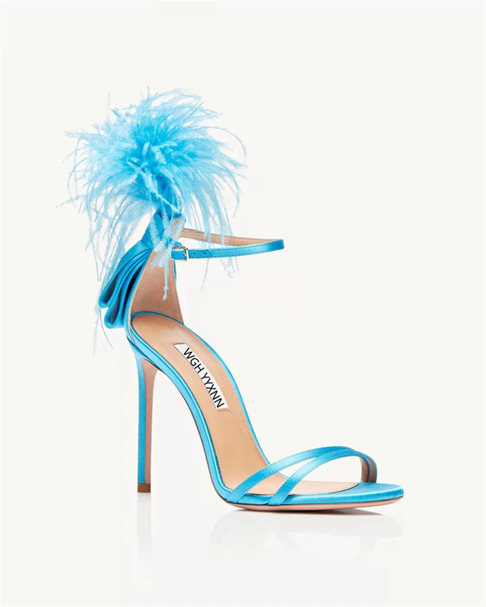 Summer new feather flower silk ribbon sexy open-toe sandals thin high-heeled banquet dress fashionable large-size women's shoes