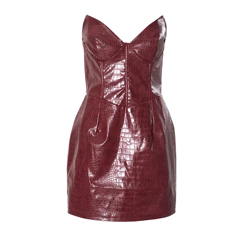 Luxury Leather Strapless Short Dress Women's Hot Summer Backless Sexy Party Curvy Dresses 2025 Evening Red Brown Hip Pacage  Y2K