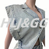 HLJ High-quality Fashion Denim Rompers Women Lapel Sleeveless Hollow Button One Piece Jumpsuits Female Streetwear Overalls New