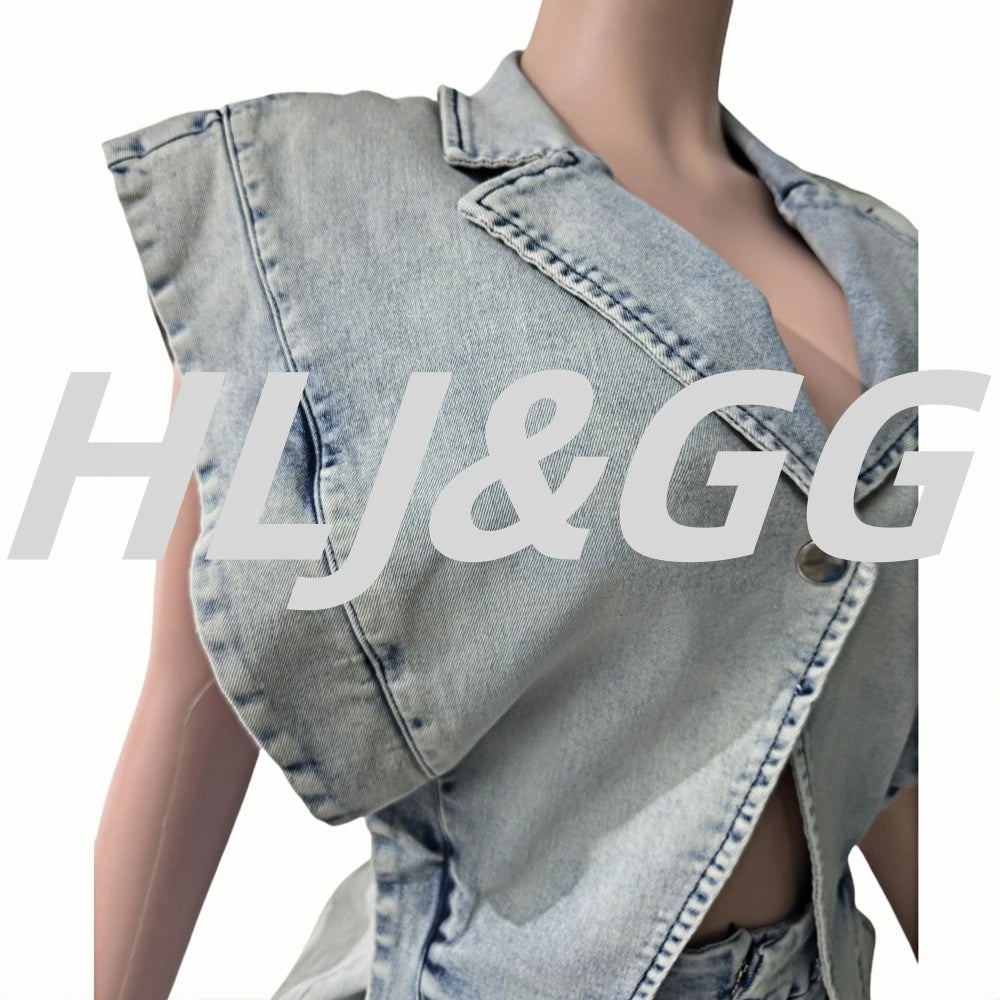 HLJ High-quality Fashion Denim Rompers Women Lapel Sleeveless Hollow Button One Piece Jumpsuits Female Streetwear Overalls New