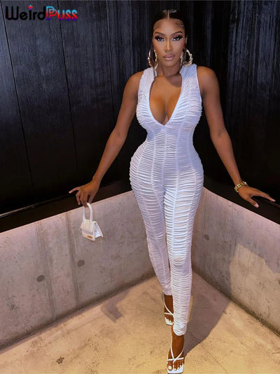 Weird Puss Ruffles Stretch Jumpsuit Women Casual Tight Fitness Activity Sleeveless Low-Neck Solid Skinny Sporty Workout Overalls