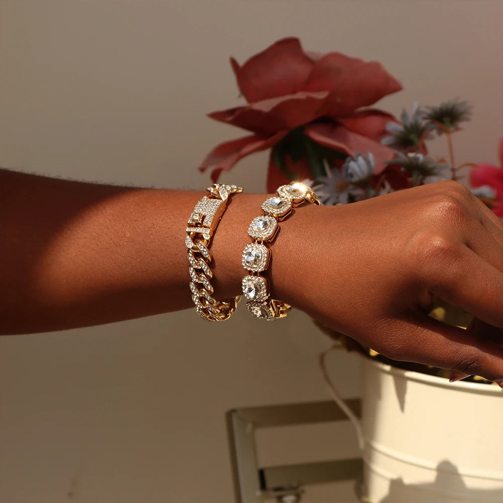 Iced Out Pink Cuban Bracelet for Women Hip Hop Gold Silver Color Crystal Heart Circle Square Bracelet 4Pcs Set Jewelry Gift