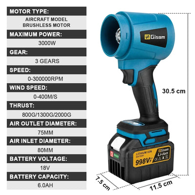 Gisam 300000RPM Brushless Electric Turbo Blowers Jet Fan 400M/S Handheld Leaf Blower Dust Blowing Tool for Makita 18V Battery