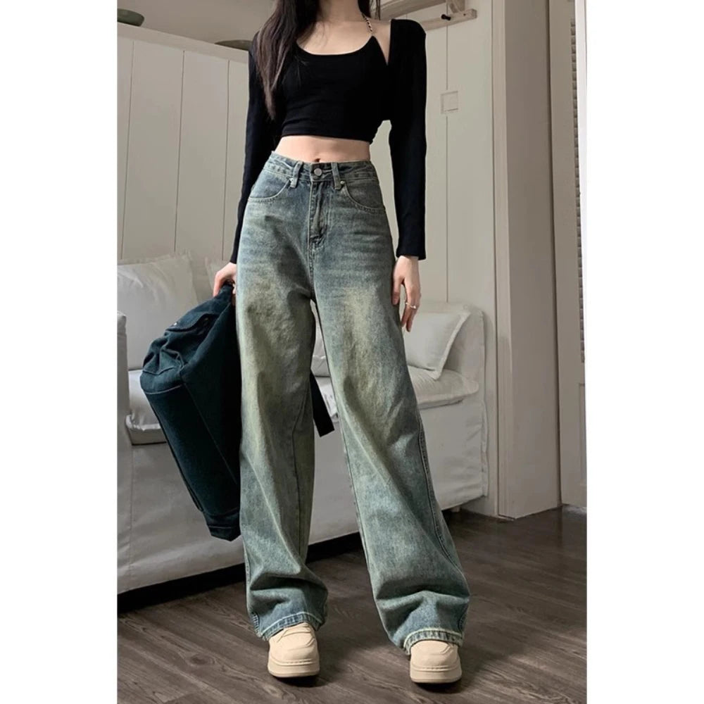 Retro Washed Vintage Jeans For Women In Autumn And Winter High Waisted Straight Leg Loose Wide Leg Pants Casual Pants