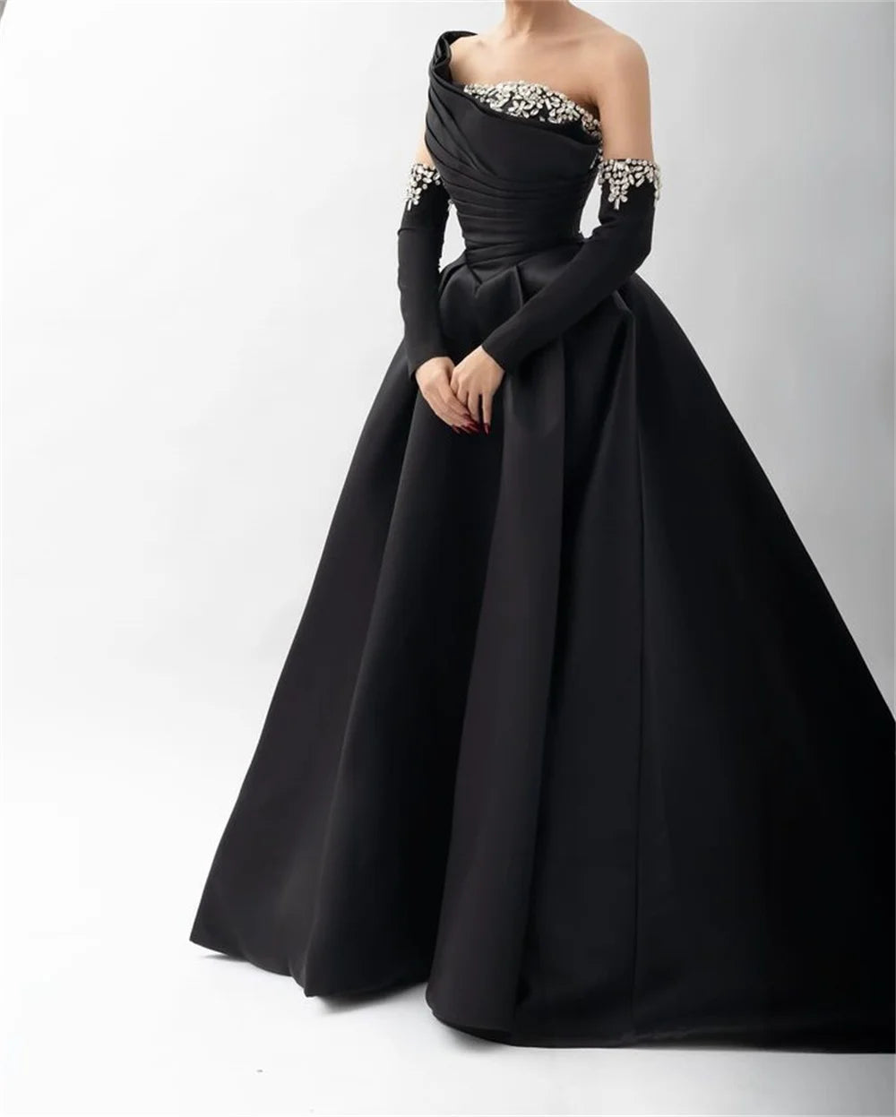 Bella Black Satin Beaded Robes De Soirée One Shoulder A-line Prom Dresses Customized Long Sleeves Floor-length Wedding Dress
