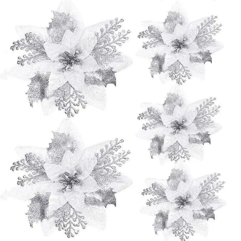 5pcs 14.5cm Glitter Artifical Christmas Flowers Mreey Christmas Tree Decoration Happy New Year Ornaments Xmas Fake Flowers natal