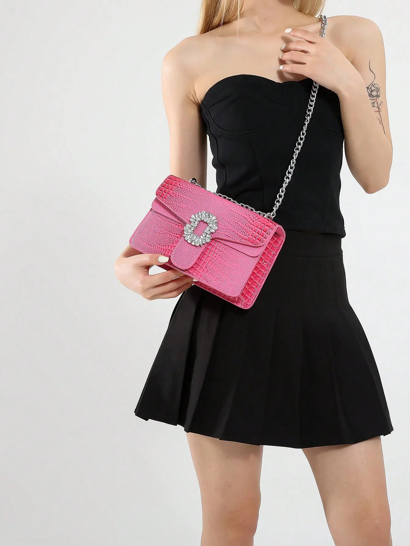 Crocodile Embossed Shoulder Bags For Women Flap PU Leather Fashion Rhinestone Decor Small Square Crossbody Bag Designer Handbag