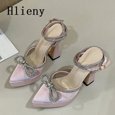 Hlieny 2025 Spring Autumn Women Pumps Fashion Platform Pointed Toe Butterfly-Knot Crystal Party Shoes Ankle Buckle Strap Sandals
