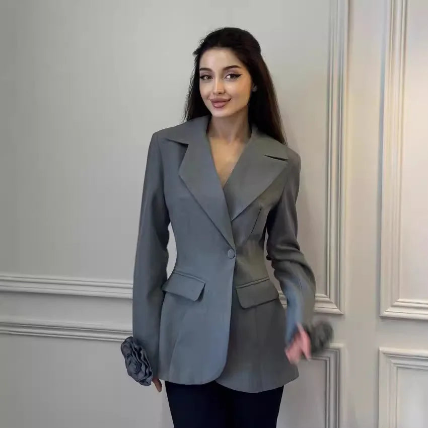 Spring Autumn Women 3D Flowers Long Sleeve Blazer Coat Chic Turn Down Collar Floral Suits Jacket Slim Waist Fit OL Cardigan Tops