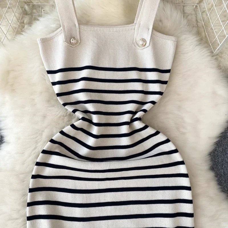 Striple 2024 Sexy Summer Knit Strap Dress Women Tank Elatic Waist Bodycon Sundress Female Beach  Backless Midi Dress