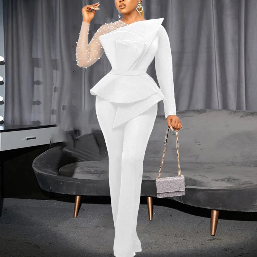 Luxury Jumpsuits & Rompers for Women Round Neck Beaded Transparent Sleeve High Waisted Elegant Female Birthday Party Overalls