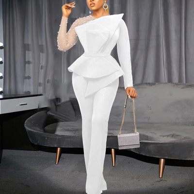 Luxury Jumpsuits & Rompers for Women Round Neck Beaded Transparent Sleeve High Waisted Elegant Female Birthday Party Overalls