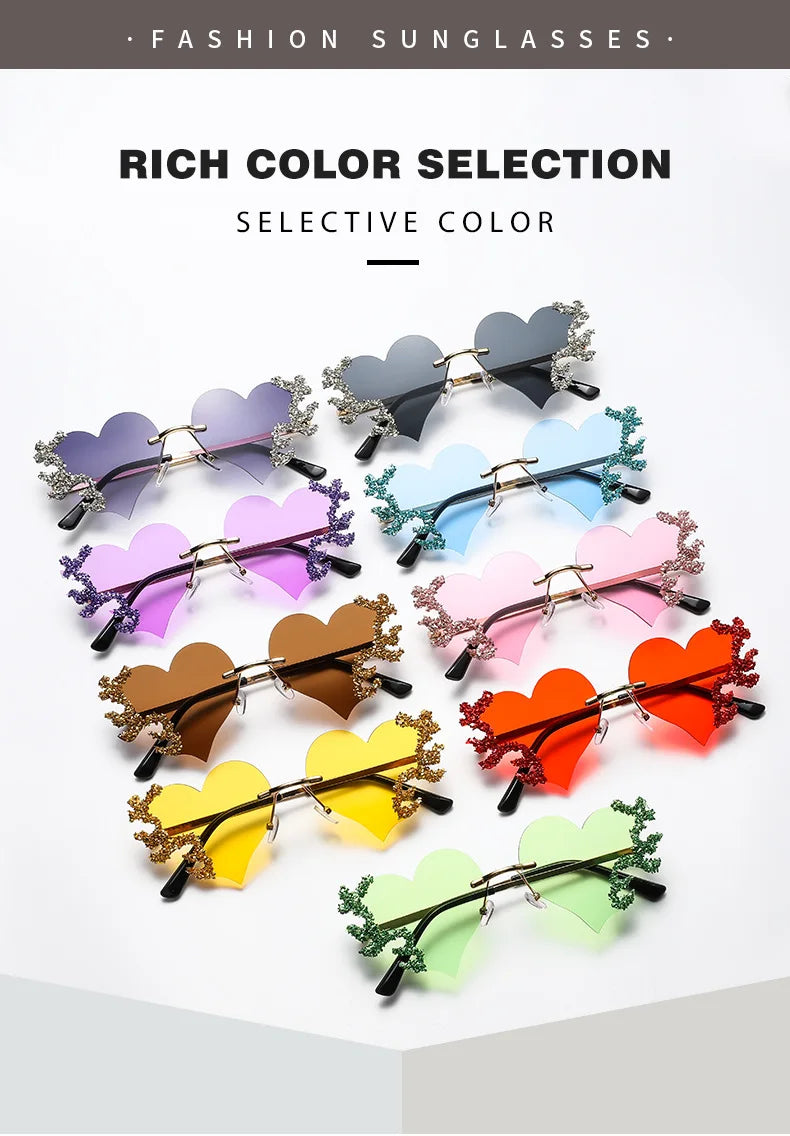 Rimless Sunglasses Women Luxury Brand Rhinestone Sun Glasses Ladies Cute Heart Shape Punk Party Eyewear очки від сонця женские