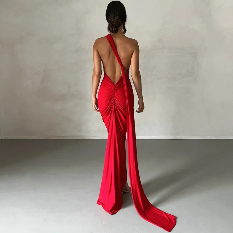 Hugcitar One Shoulder Backless Adjustable Scarf Loop Ruched Sexy Maxi Dress Women Elegant Y2K Streetwear Festival Outfit