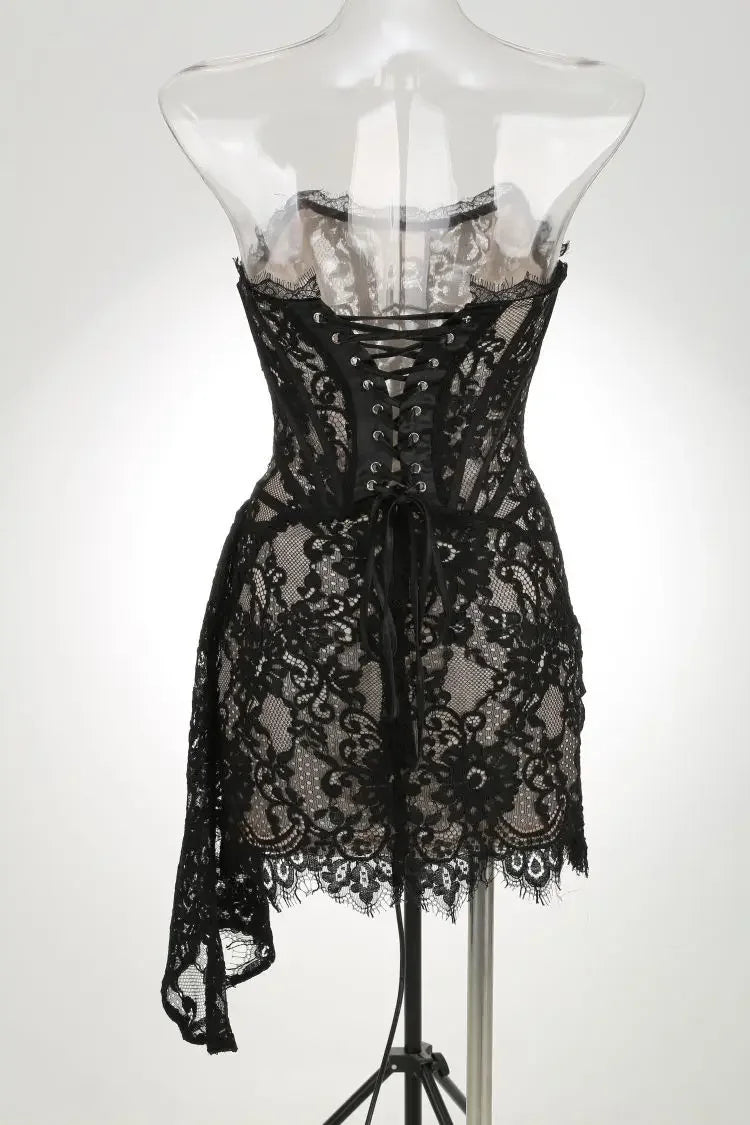 XIAOTANG Elegant Lace Strapless Sexy Mini Dress for Women Fashion Off-shoulder Irregular Ruched Bodycon Night Club Party Dress