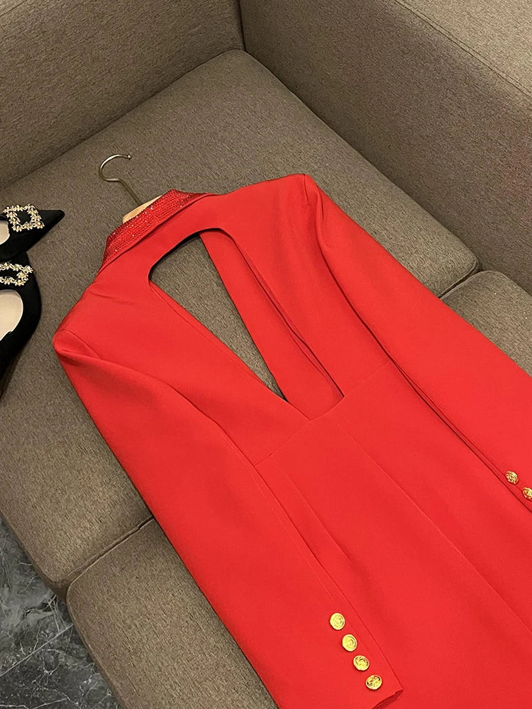 TWOTWINSTYLE Solid Hollow Out Blazer For Women Shawl Collar Long Sleeve Tunic Spliced Button Temperament Blazer Female KJA501707
