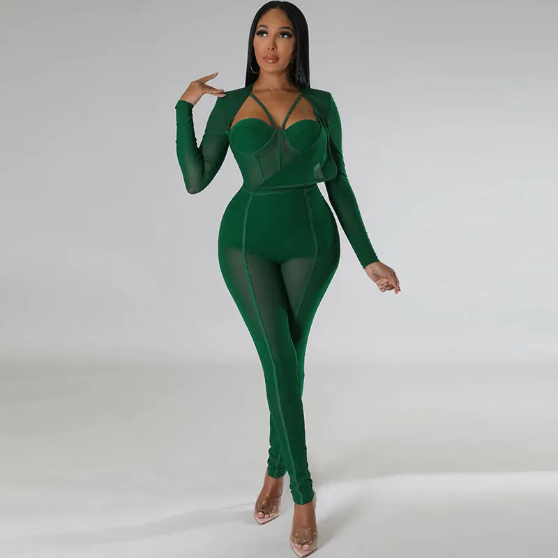 Sexy Mesh Patchwork Sheer Night Club Bodycon Jumpsuit for Women See Through One Piece Rompers Clubwear Party Birthday Outfits