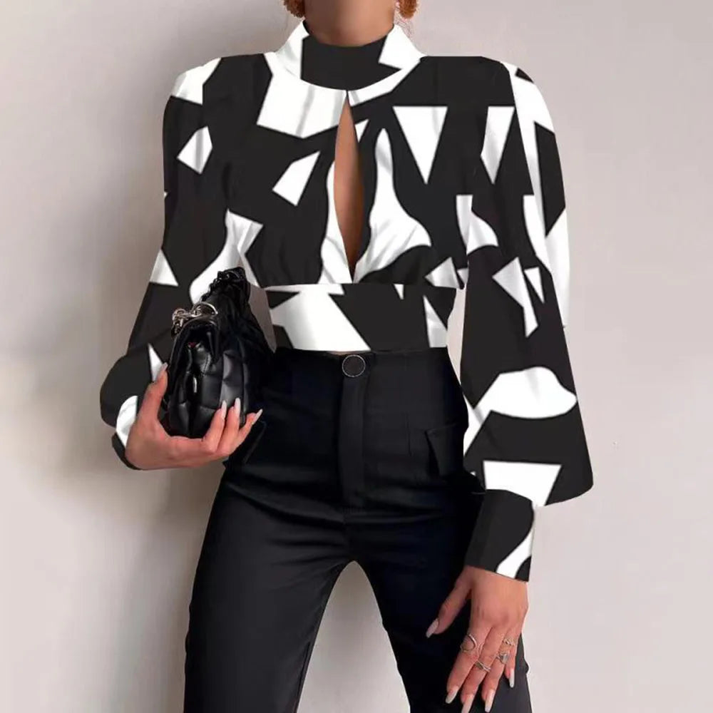 Spring Women Sexy Backless Hollow Print Shirts Tops 2024 Casual Stand Long Sleeve Office Lady Blouses Fashion Party Crop Top