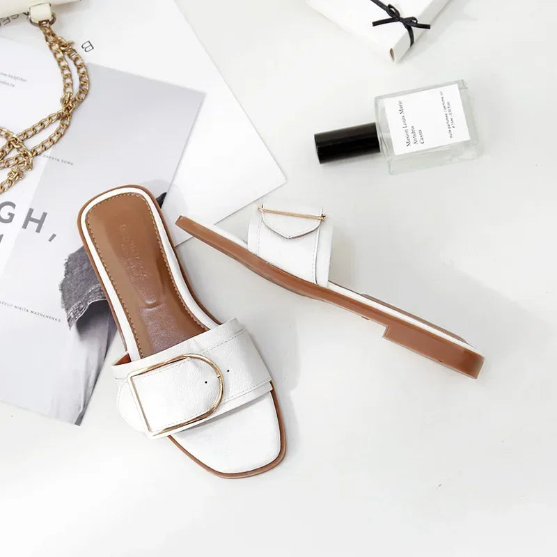 Summer Women Slippers Leather Square Toe Women Flats Flip Flops Designer Ladies Slides Sandals Women Shoes Luxury Sandals