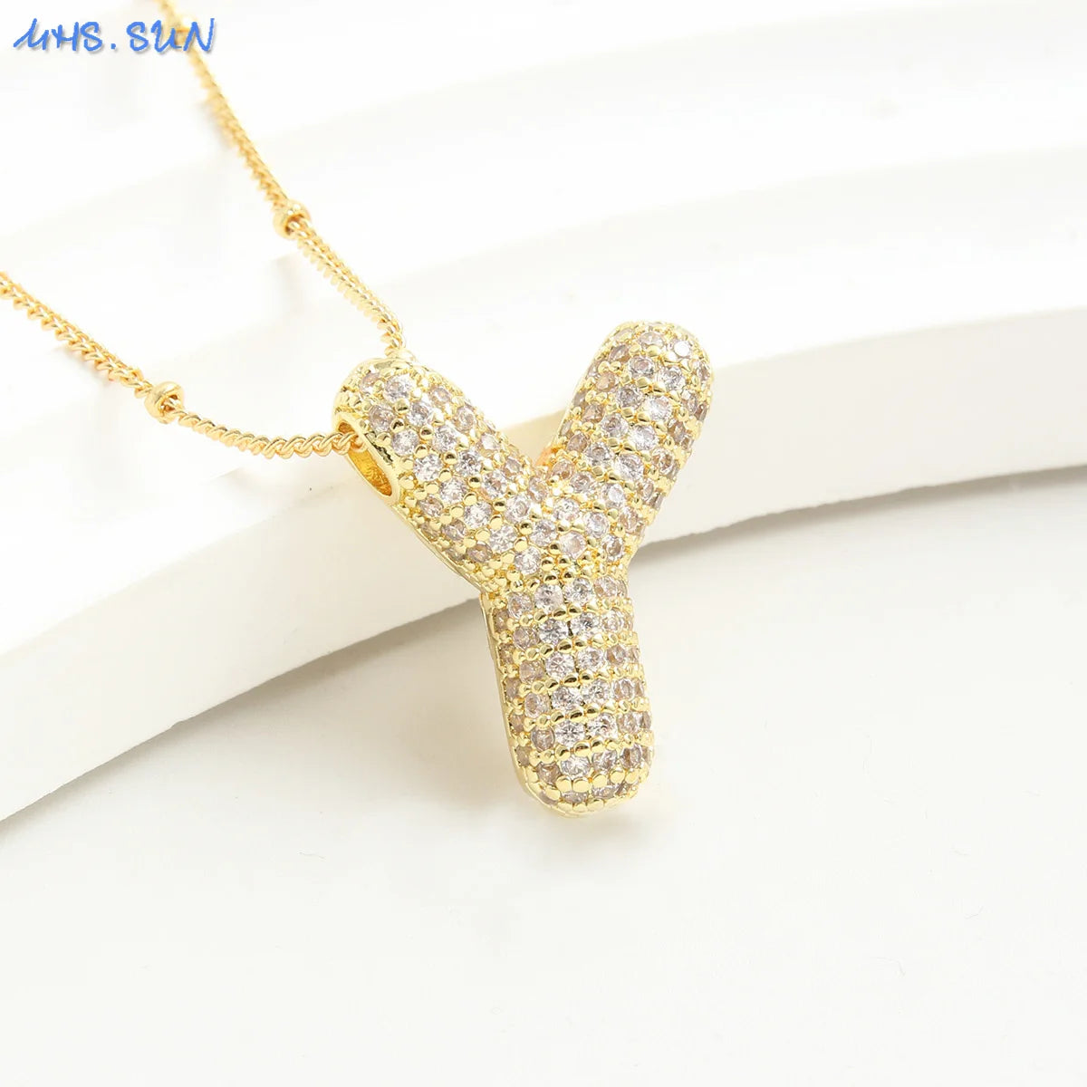 SUNSLL Cubic Zircon A-Z 26 Bubble Letter Necklace 2 Sizes Gold Plated M Chunky Balloon Initials Pendant Women Chain Jewelry 2024