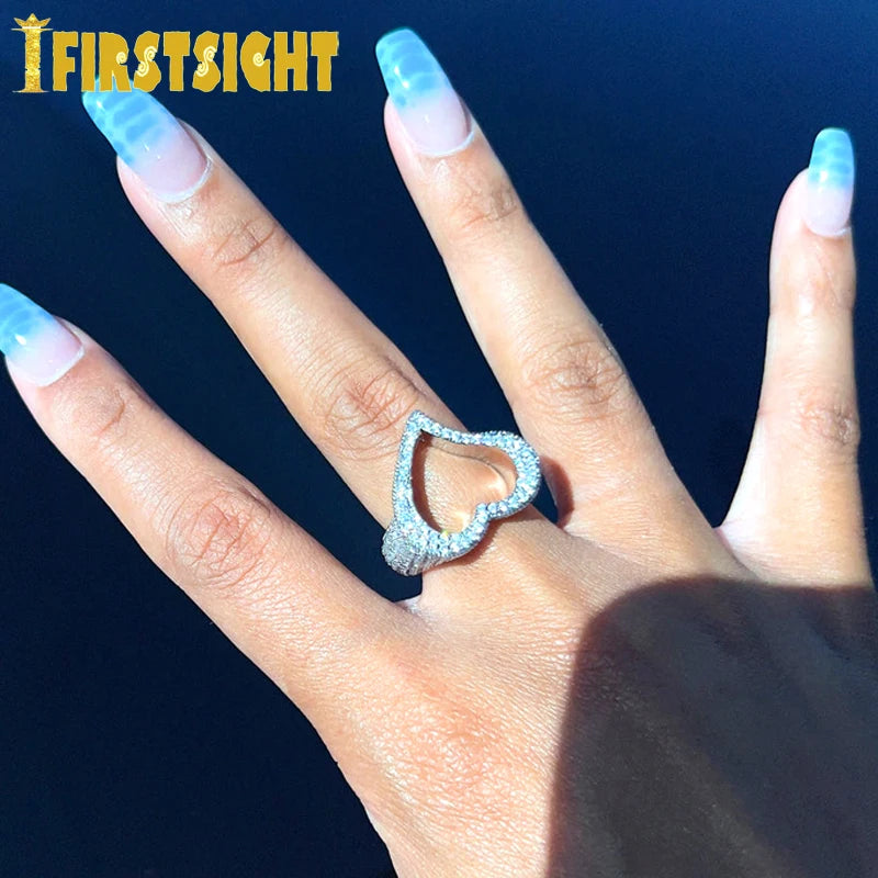 New Full Iced Out Bling Hollow Heart Ring Gold Silver Color 5A CZ Micro Pave Cubic Zircon Rings Hip Hop Punk Men Women Jewelry