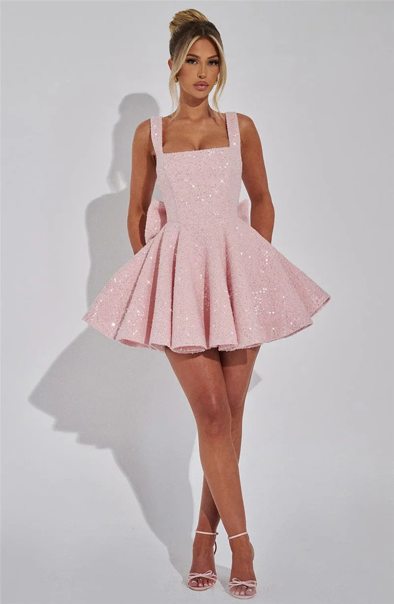 Mozision Sequins Bow Backless Sexy Mini Dress For Women Robe Fashion Square Collar Sleeveless High Waist A-line Club Dress