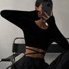 Sexy Backless Lace ups Pullover Tees Women Autumn Black O-neck Slim Longsleeve Short T-Shirt