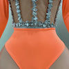 Sexy See-Through Strapless Rhinestone Tops Zipper Jacket High-waisted Shorts 3-Pieces Sets Party Nightclub Perfprmance Costume
