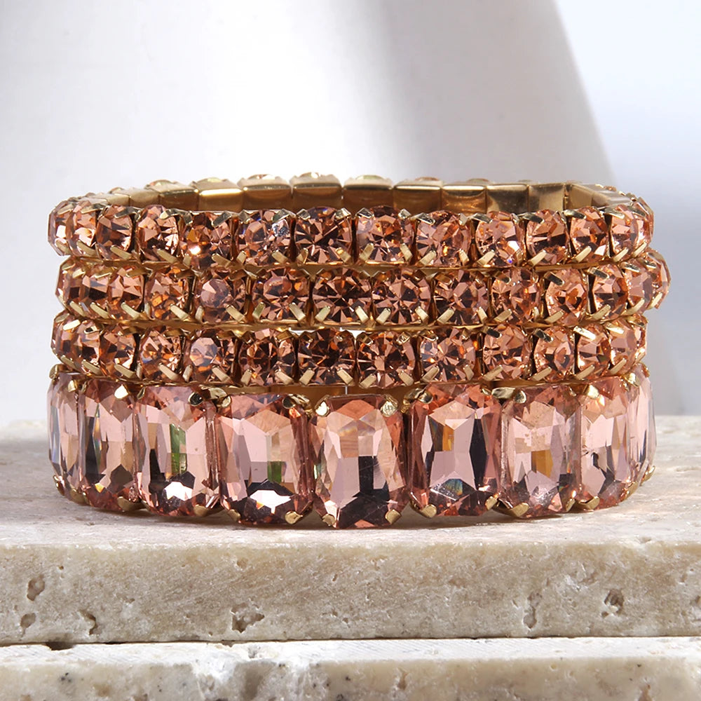 Fashion Bohemia Tennis Shiny Bracelet Jewelry 4 pcs Multicolor Crystal Glass Elastic Stack Bracelets Set