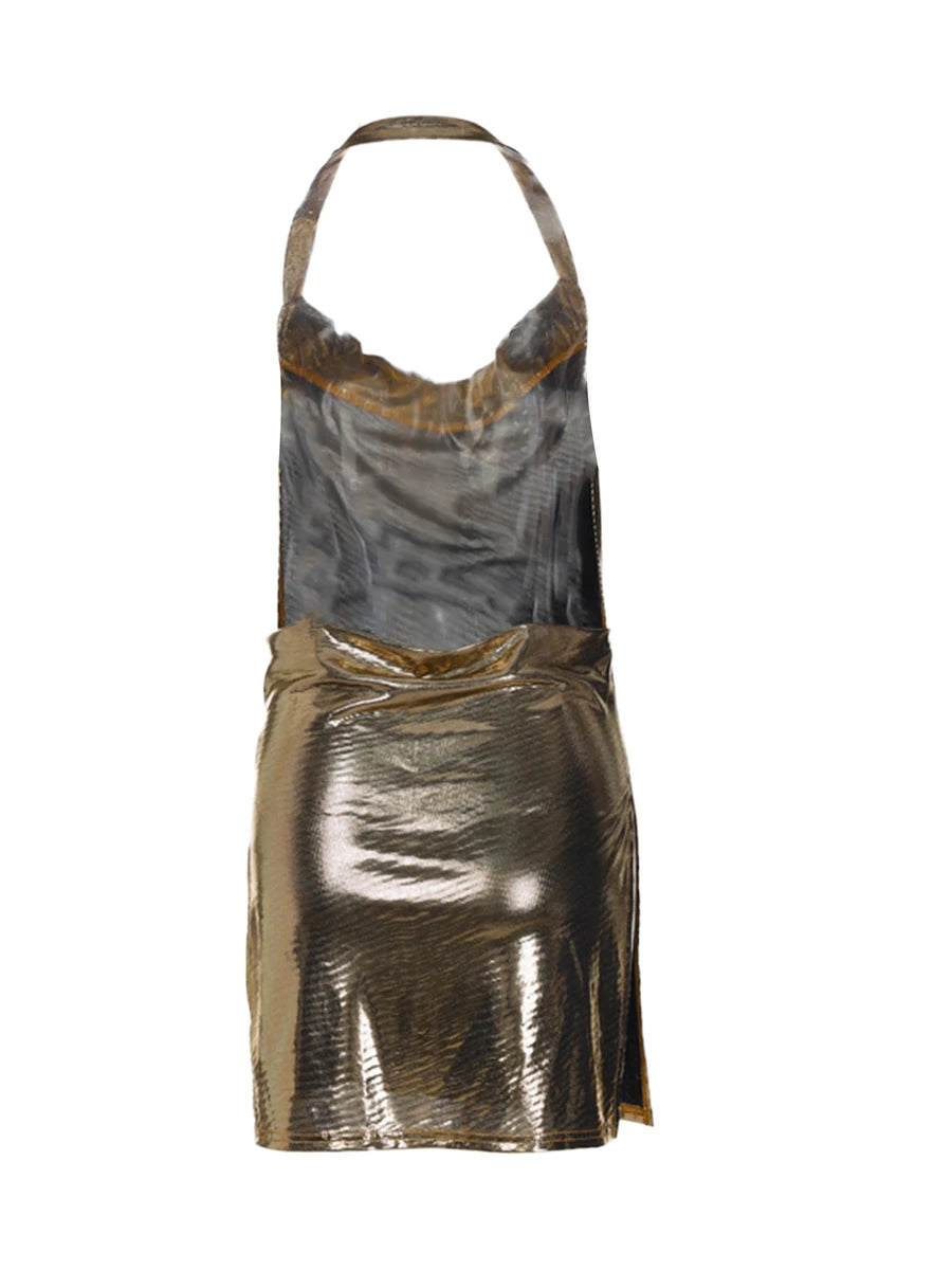 Sexy Sparkly Dress Halter V Neck Cami Mini Bodycon Club Party Dress Glitter Sleeveless High Slit Dress