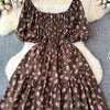 2024 New Summer Flower Print Long Dress Women Vintage Square Neck Ruched Chest Sash Bandage Sundress Party Vestidos