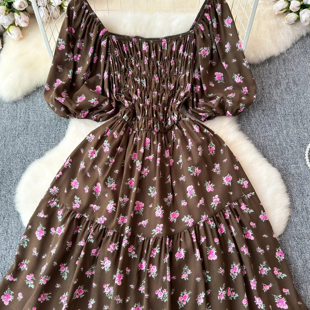 2024 New Summer Flower Print Long Dress Women Vintage Square Neck Ruched Chest Sash Bandage Sundress Party Vestidos