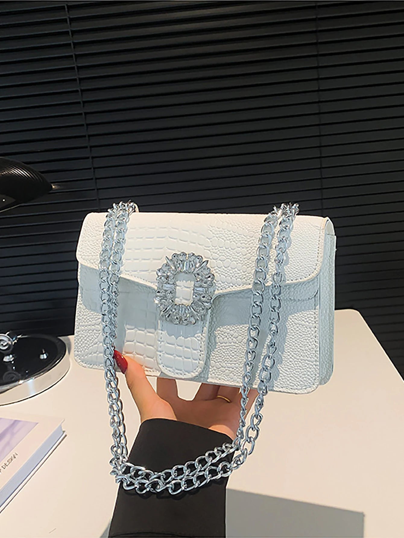Crocodile Embossed Shoulder Bags For Women Flap PU Leather Fashion Rhinestone Decor Small Square Crossbody Bag Designer Handbag
