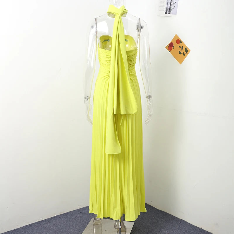 Strapless Ribbon Maxi Dress Women Elegant Sleeveless Backless Pleated Party Dresses Female 2025 Summer Sexy Lady Evening Vestido