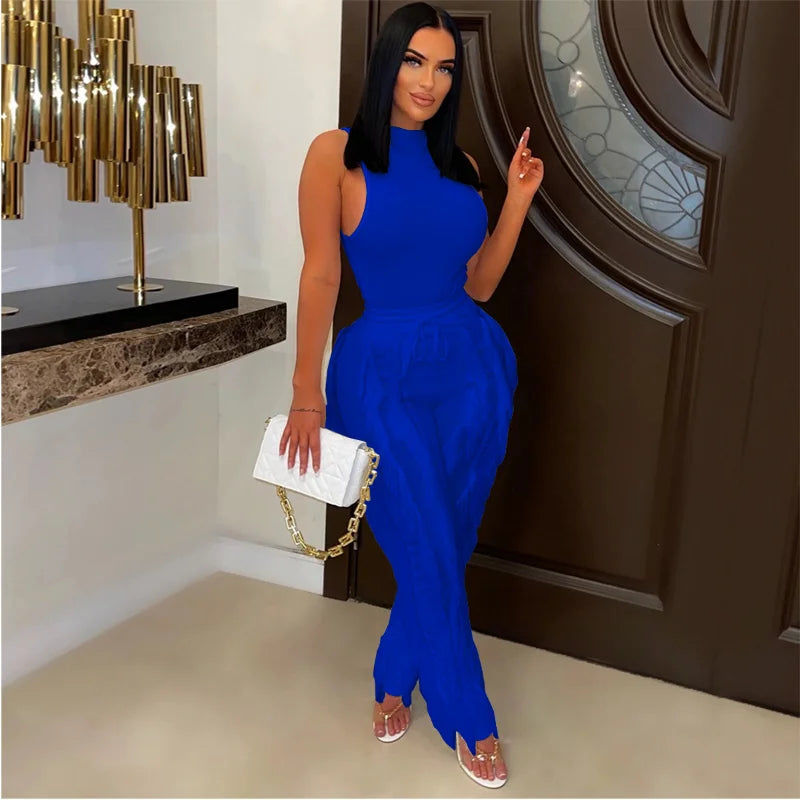 Solid Tank Pants Tassel Two Piece Sets Women Fashion Sleeveless Bodysuits Top Drawstring High Waist Fringed Wide Leg Trousers