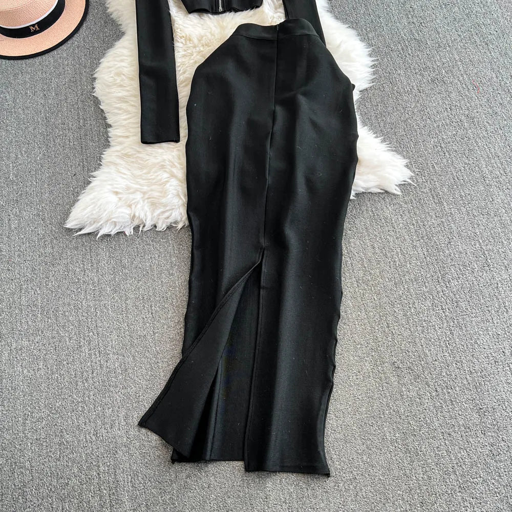 Faionable Diamond Embellied Wrap Skirt Set ort Top Long Dr Slimming High Collar Long Sve Zipper Two Piece Set