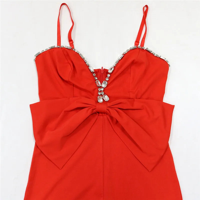 Spaghetti Strap Deep V Neck Sexy Women Straight Jumpsuits Rompers 2023 Rhinestone Big Bowknot Party Jumpsuit Birthday Outfits
