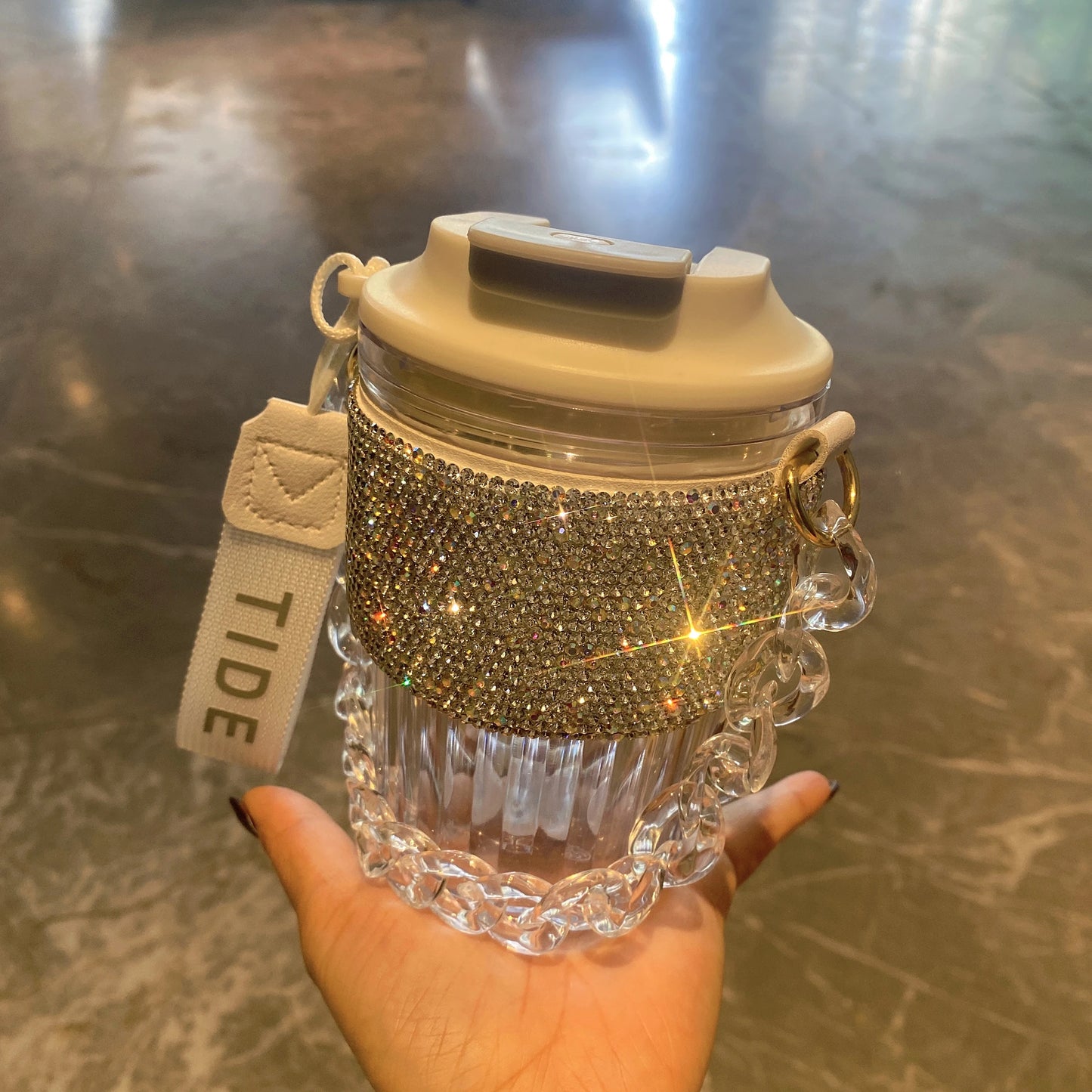 Chain Carry Straight Drink Coffee Cup Rhinestone PC/PP Portable Eco Friendly Non-slip Reusable Mug Outdoor Travel Water Bottle