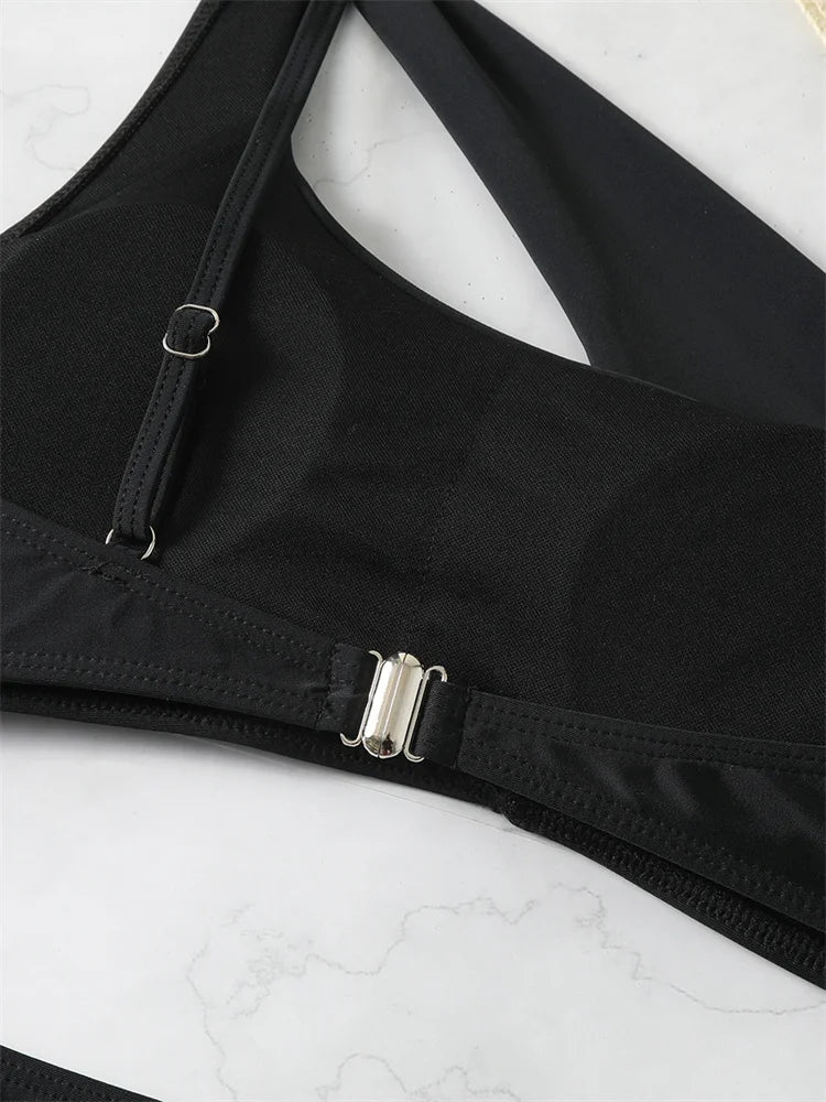 Bikini 2025 New Swimsuit Women Swimwear Solid Black One Shoulder Bikinis Set Bathing Suit Female Two Pieces Beach Wear Biquini