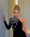 Fashion Women Celebrity Sexy Single Sleeve Rhinestone Black Maxi Long Bodycon Bandage Dress Elegant Evening Club Party Dress
