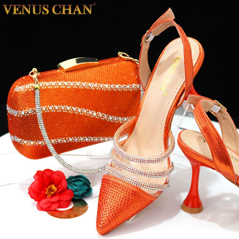 Venus Chan 2023 Newest INS Style Orange Color Elegant High Heels Nigeria Popular Design African Ladies Shoes And Bag Set