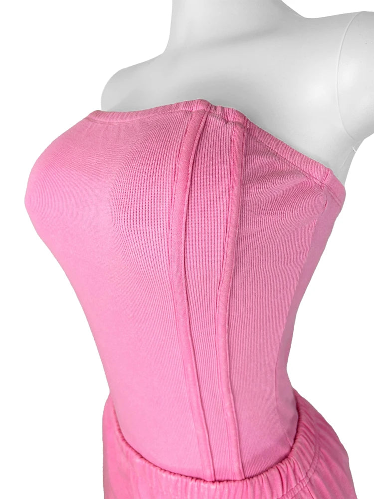 Sexy Tracksuit Cotton Washed Strapless Bodysuit and Jogger Pants Set 2025 Trendy Women Clothes Jogging Suit 2 pcs Two Piece Sets