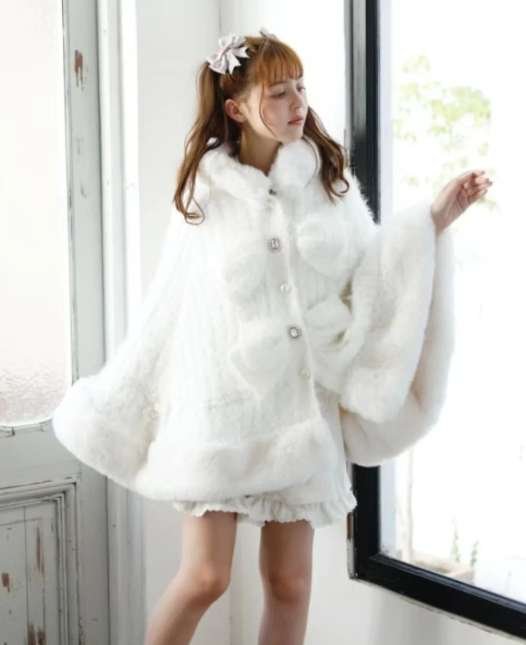 Japanese Liz Sweet Princess Faux Rabbit Fur Cape Coat Women Autumn Winter Fur Jacket Loose Clock Rhinestone Bow Hooded Coat