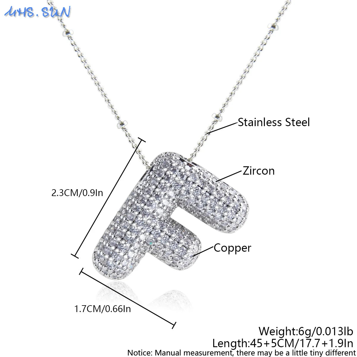 MHS.SUN High Quality Bubble Initial Necklace Letter A-Z Silver Color Zircon 26 Initial Balloon Pendant For Women Men Jewelry