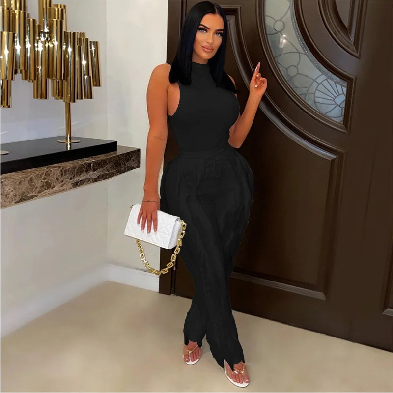 Solid Tank Pants Tassel Two Piece Sets Women Fashion Sleeveless Bodysuits Top Drawstring High Waist Fringed Wide Leg Trousers