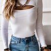 Autumn Women tshirt Hollow Out Solid Black White Long Sleeve Knitted Tee Tops Casual Slim O Neck Fashion t shirt