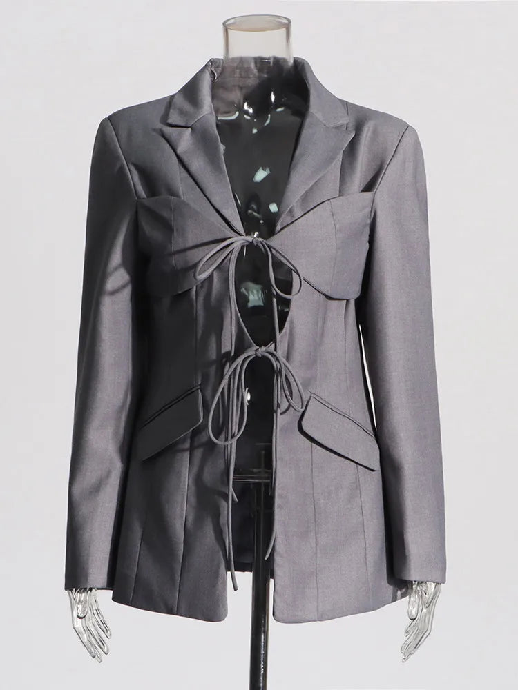 TWOTWINSTYLE Patchwork Lace Up Hollow Out Blazer For Women Notched Collar Long Sleeve Tunic Designer Blazers Female Fashion New
