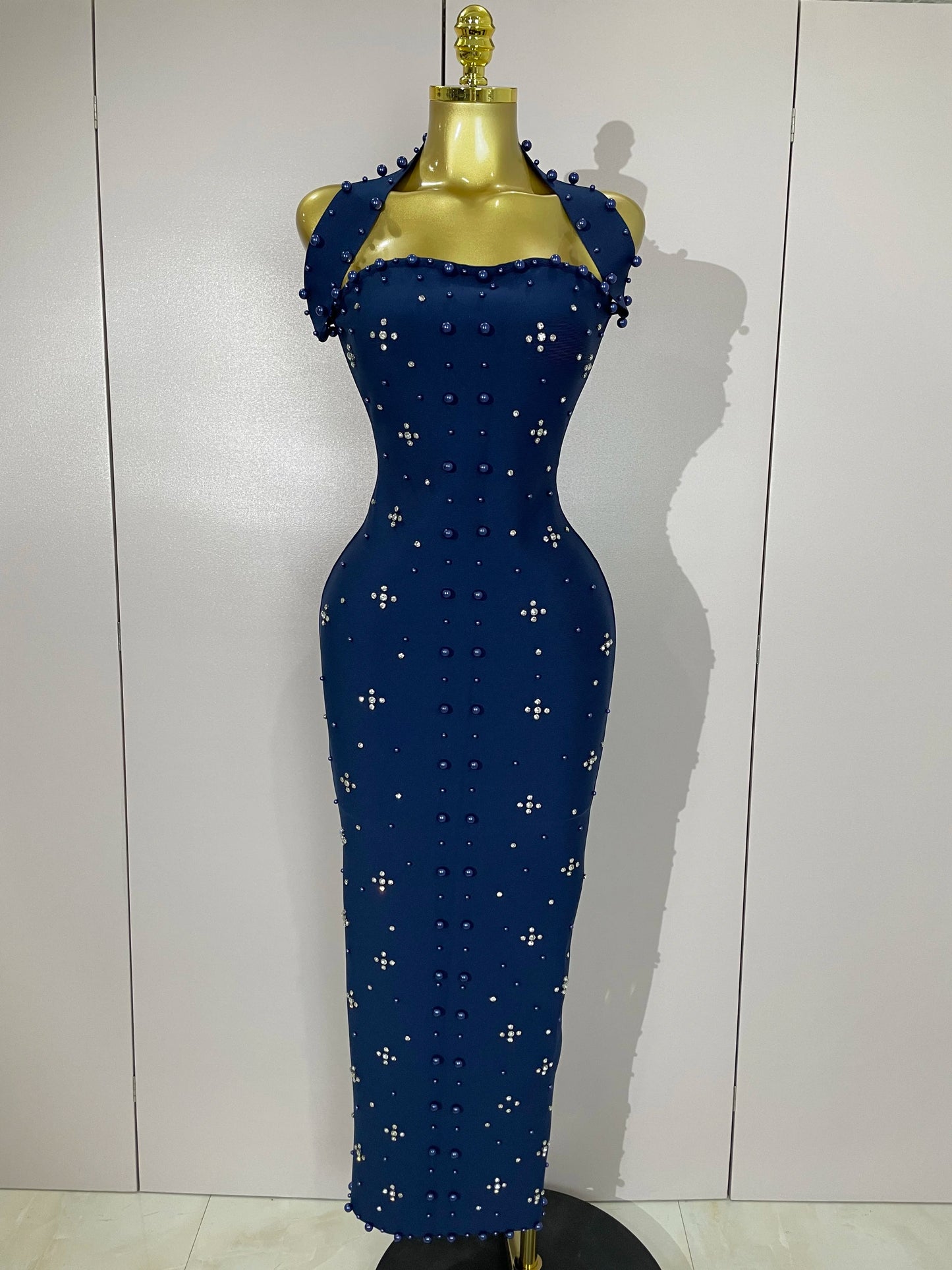 2025 Luxury Shining Diamonds Pearls Sleeveless Bodycon Bandage Long Dress Women Celebrate Evening Party Elegant Birthday Gowns