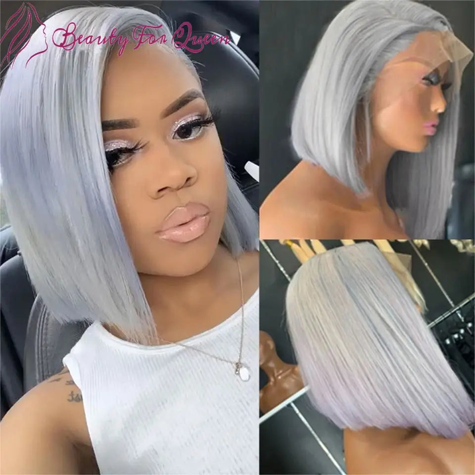 Straight Short Bob Wigs Silver Grey Colored For Women Glueless Brazilian Remy Lace Frontal Wig 180% Density Human Hair
