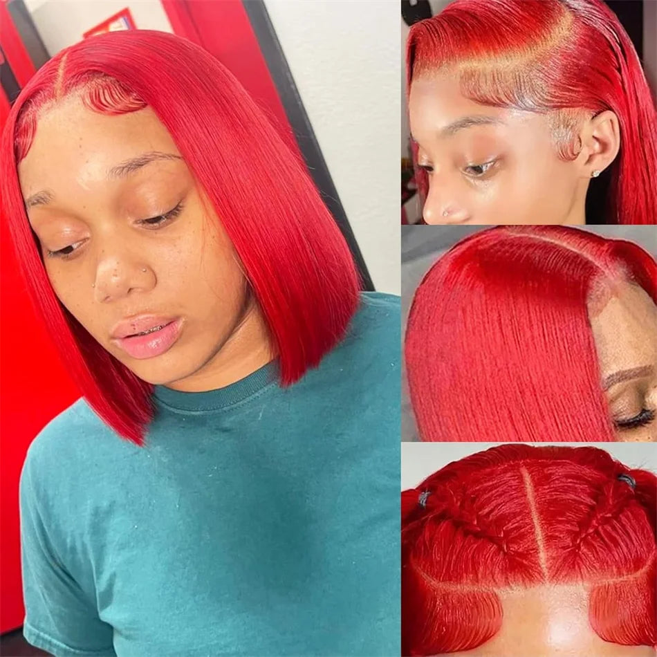 Hot Red Bob Wig 13x4 Lace Front Human Hair Wigs For Women Brazilian Bone Straight Red Colored Lace Frontal Wigs 10 12 14 16 Inch